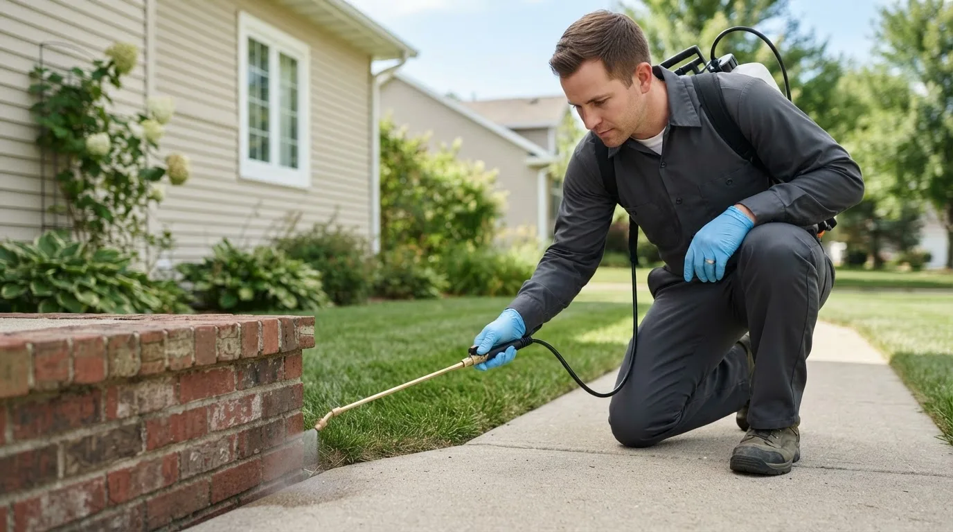 Pest control technician treating a home near Muskego, WI